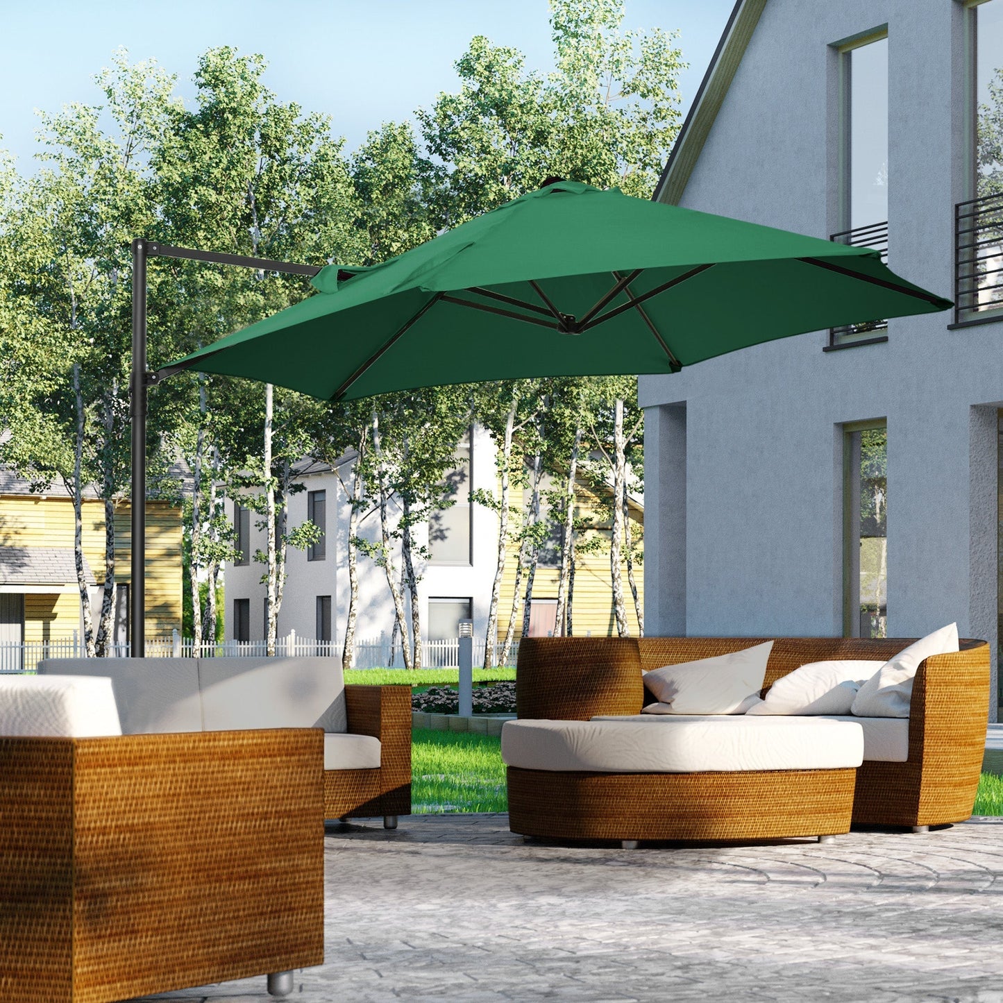 Outsunny 2.5M Garden Cantilever Parasol, Offset Roma Patio Umbrella Hanging Sun Shade Canopy Shelter with 360 Rotation and Cross Base, Green