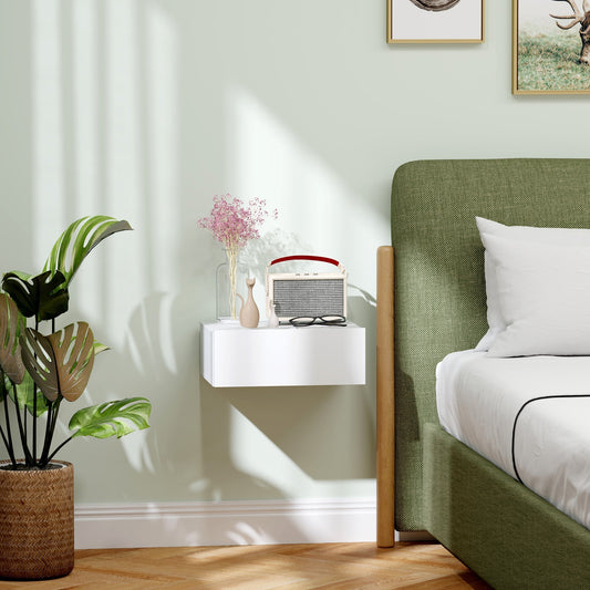 HOMCOM Floating Bedside Table, Wall-Mounted Nightstand with Storage Drawer, Small Side End Table for Bedroom, White