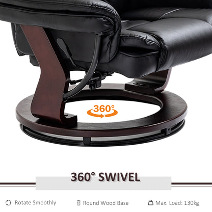 HOMCOM Recliner Chair With footstool, Recliner Armchair up to 130kg Weight Capacity, 135Â° Reclining Swivel Sofa Chair, PU Leather Ergonomic Couch Bed with Swivel Wood Base for Living Room, Black