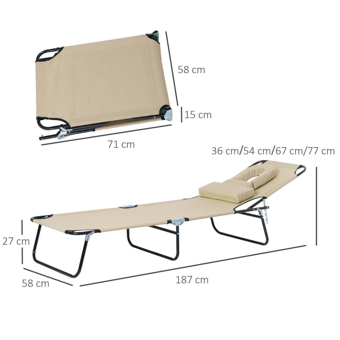 Outsunny Outdoor Folding Sun Lounger with Face Hole, 4 Level Adjustable Backrest Reclining Garden Lounger, Garden Recliner Sunbed with 600 D Oxford Cloth Seat and Pillow for Beach, Beige