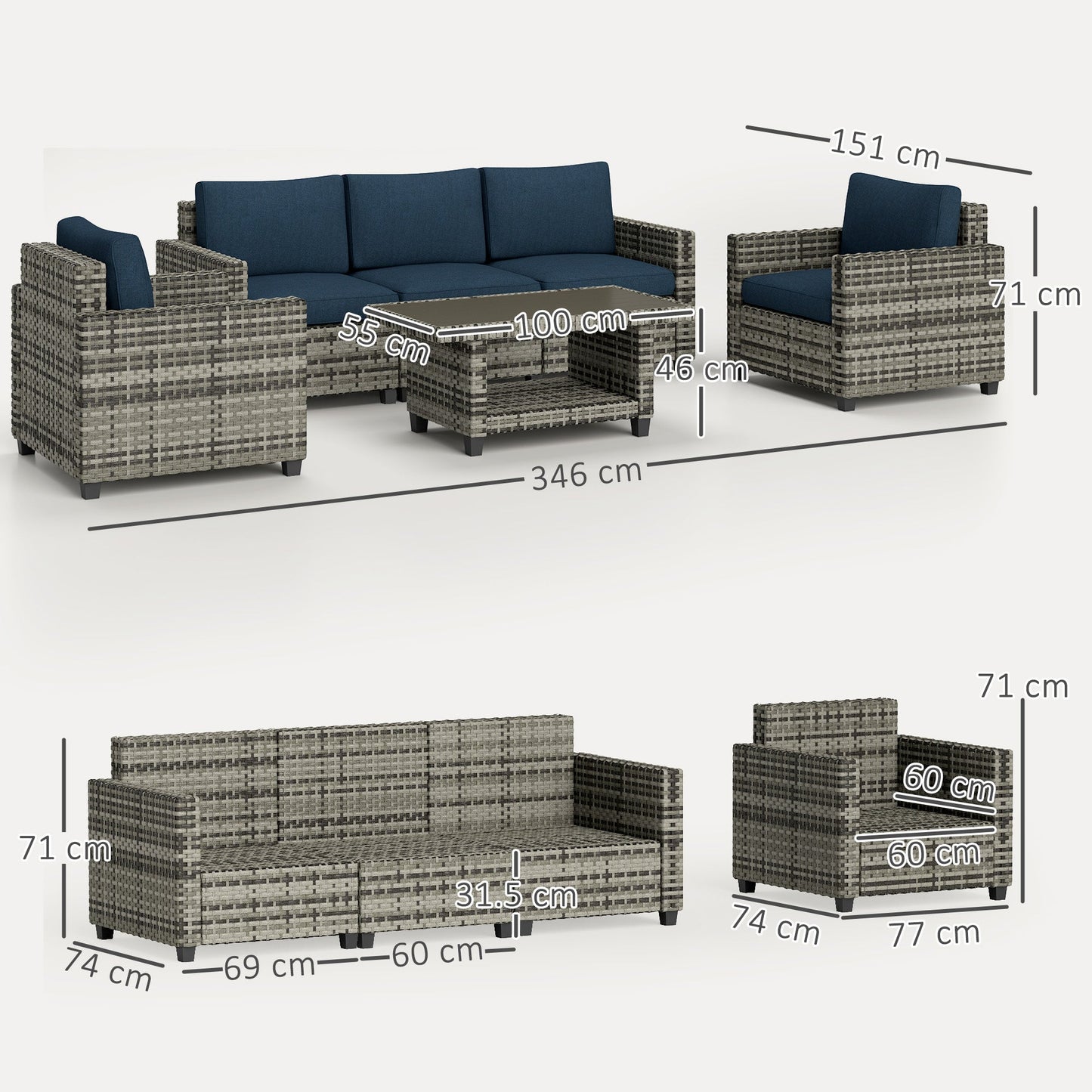 Outsunny Six-Piece Modular Rattan Sofa Set - Navy Blue