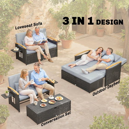 Outsunny Double Garden Rattan Daybed, Wicker Sun Bed Chaise Lounger with Storage Ottoman, 4-Level Adjustable Backrest, Dark Grey