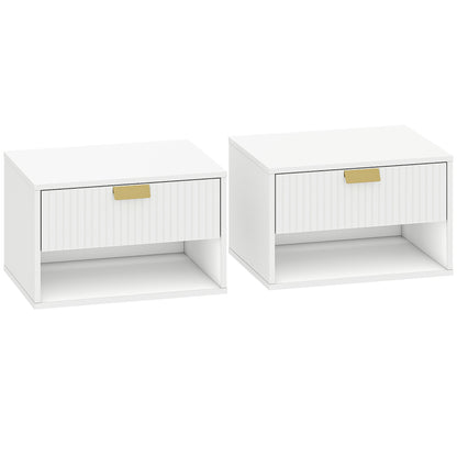 HOMCOM Set of 2 Wall Mounted Nightstands, Floating Bedside Tables with Fluted Drawer and Open Shelf for Small Bedroom, White