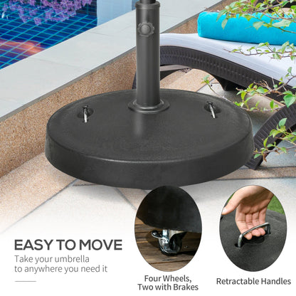 Outsunny 25kg Resin Garden Parasol Base with Wheels and Retractable Handles, Round Outdoor Market Umbrella Stand Weight for Poles of Î¦38mm to Î¦48mm, Black