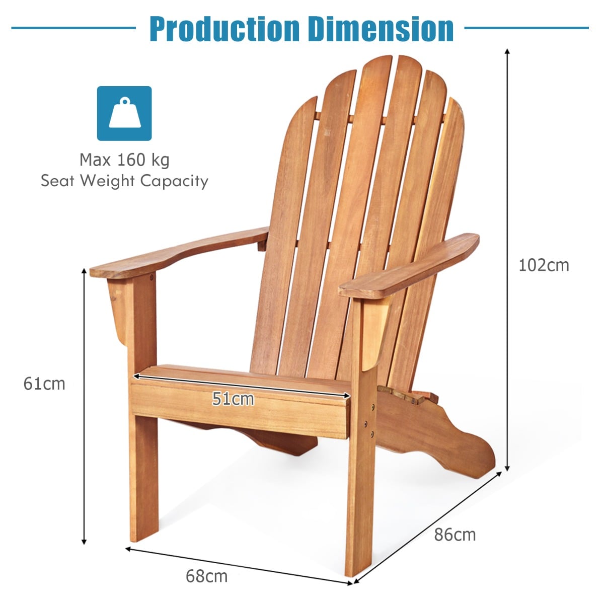 Acacia Wood Adirondack Lounger Chair with Slatted Seating, Ergonomic Design-Natural