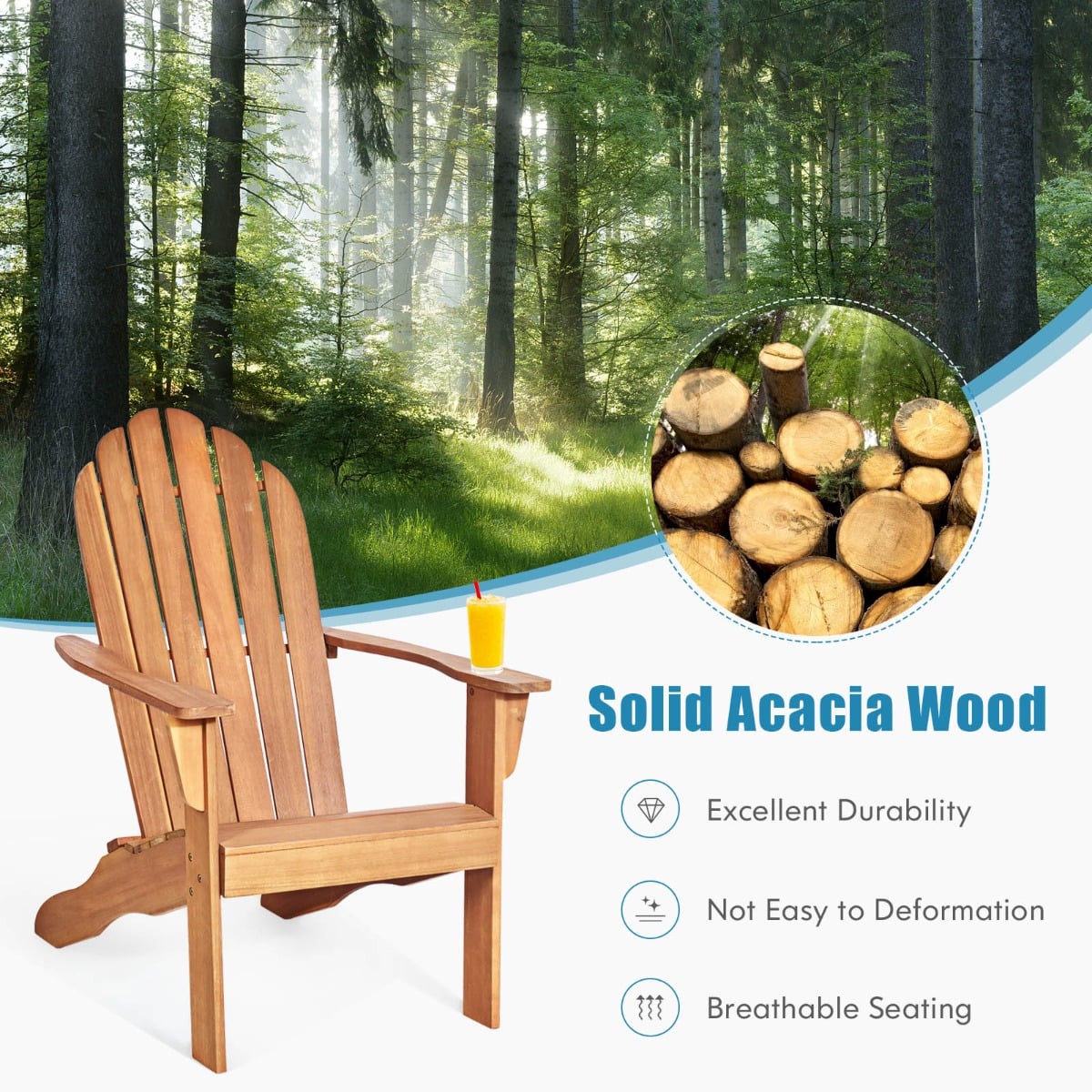 Acacia Wood Adirondack Lounger Chair with Slatted Seating, Ergonomic Design-Natural