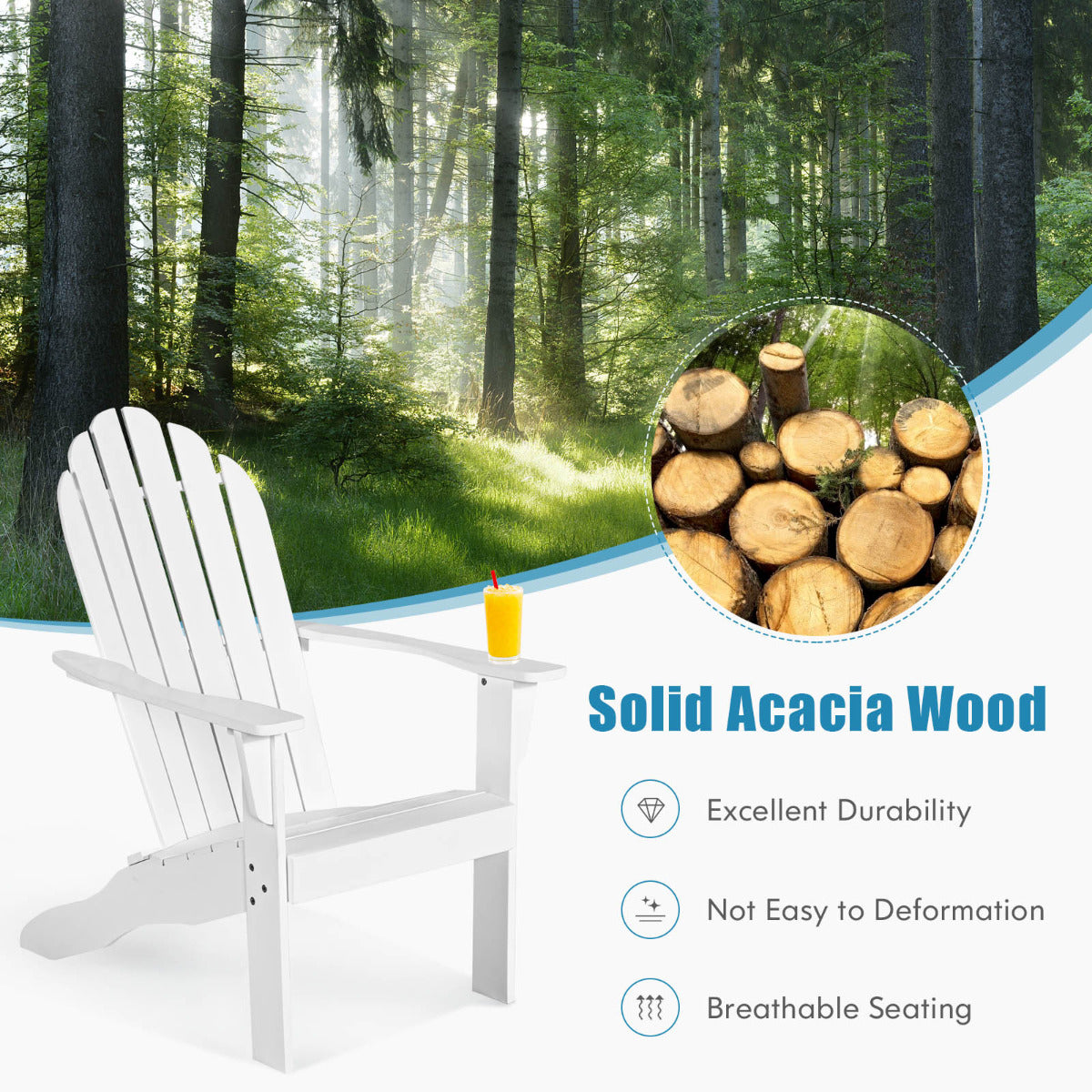 Acacia Wood Adirondack Lounger Chair Set of 2 with Slatted Seating