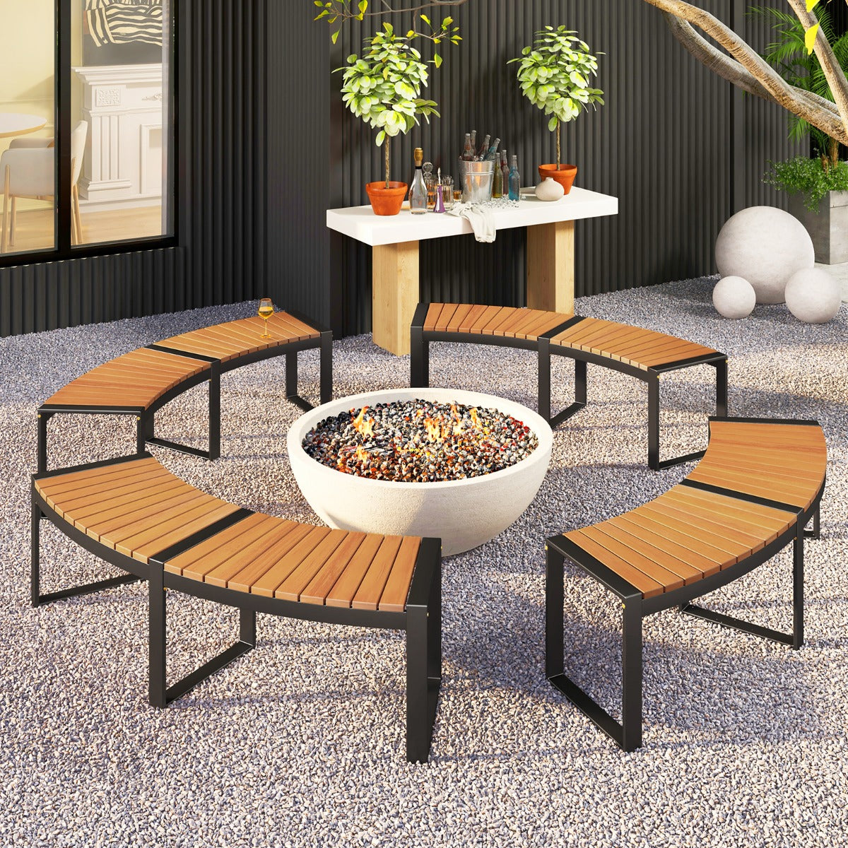 Acacia Wood Fire Pit Bench with Slatted Seat  Metal Legs-2 Pack