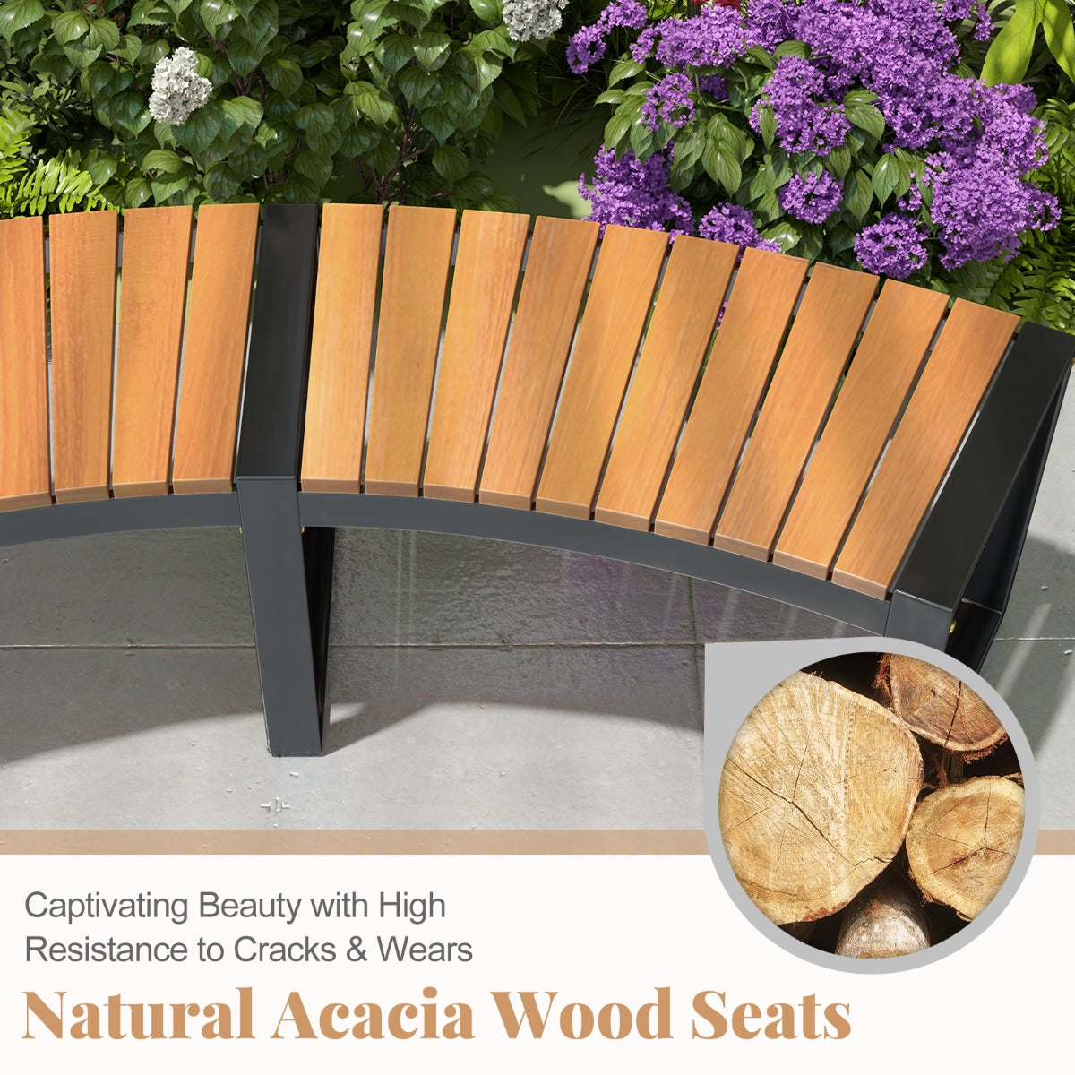 Acacia Wood Fire Pit Bench with Slatted Seat  Metal Legs-2 Pack