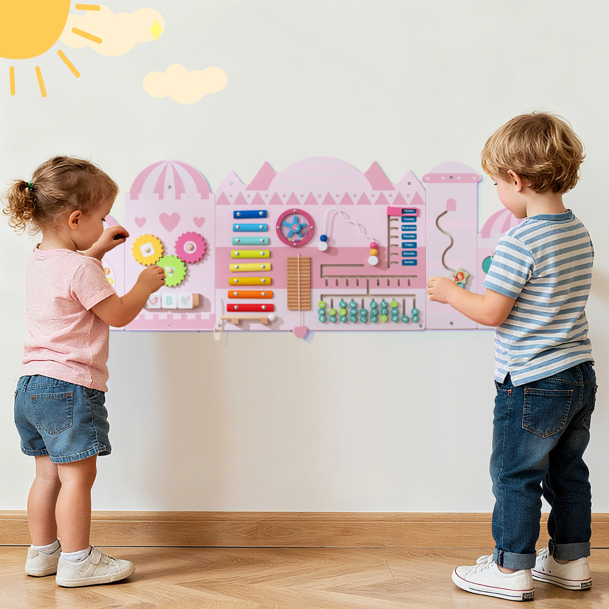 11-in-1 Activity Wall Busy Board Panels for Toddlers-Pink