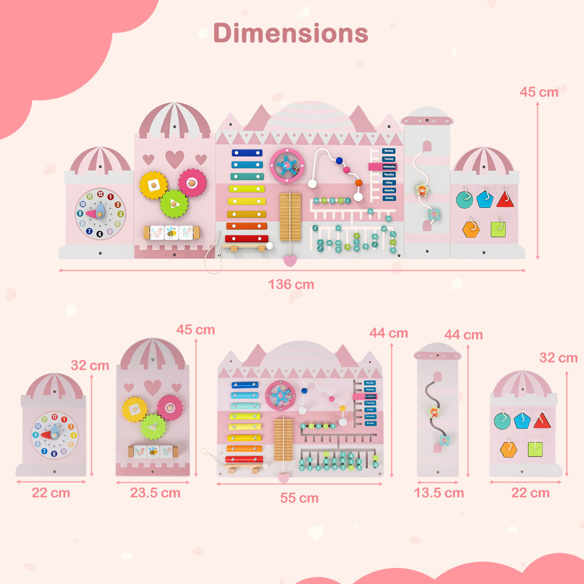 11-in-1 Activity Wall Busy Board Panels for Toddlers-Pink