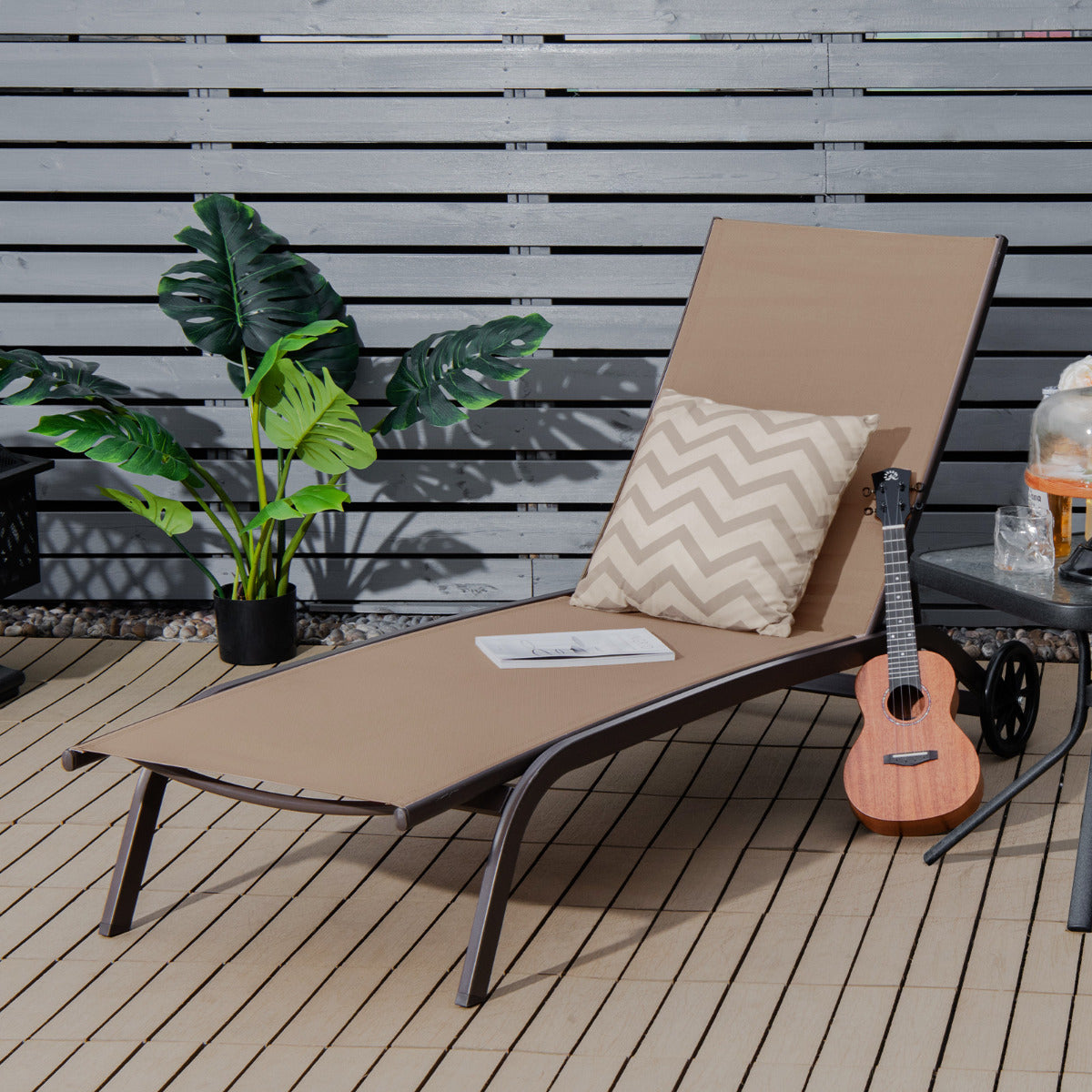 Adjustable Chaise Lounge with Smooth Wheels and Quick-drying Fabric-Coffee