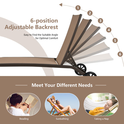 Adjustable Chaise Lounge with Smooth Wheels and Quick-drying Fabric-Coffee