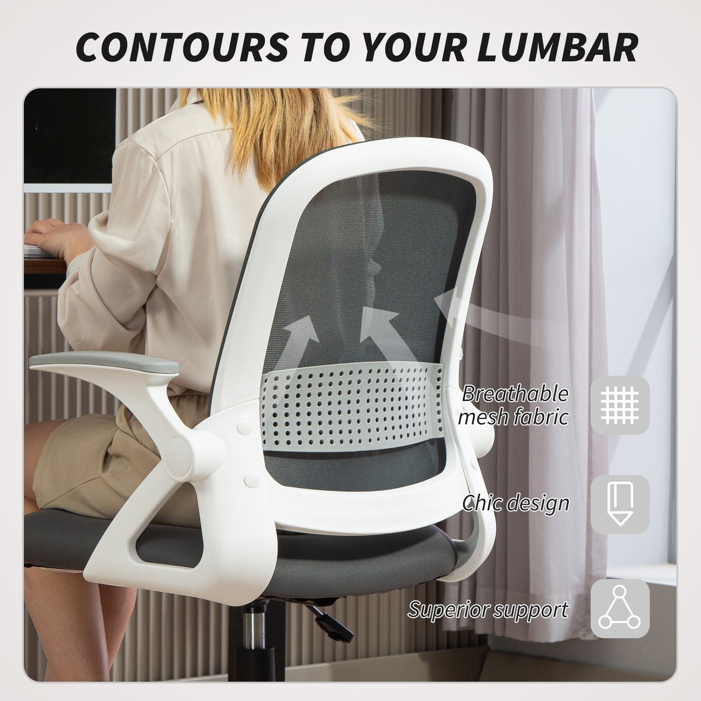 HOMCOM Breathable Mesh Office Chair, Ergonomic Swivel Computer Chair with Flip-up Armrests, Lumbar Back Support for Home/Office, Grey