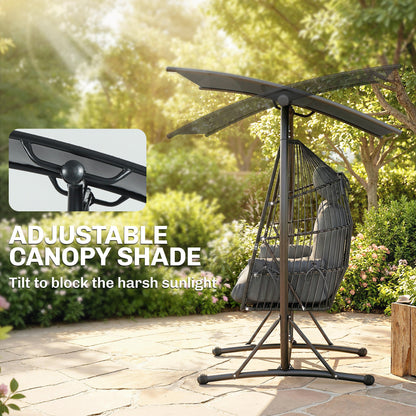 Outsunny Double Hanging Egg Chair with Canopy, Rattan Garden Egg Swing Chair with Cushion, Stand for Indoor Outdoor, Dark Grey