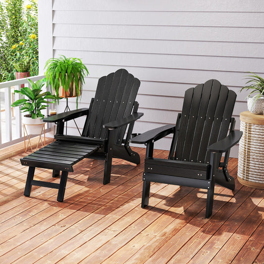 All-Weather HIPS Lounge Patio Adirondack Chair with Retractable Footrest-Black