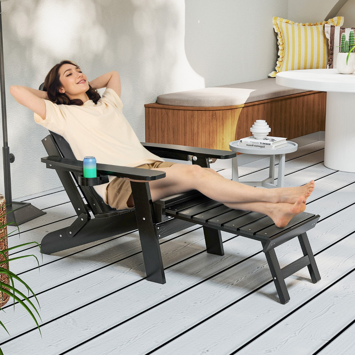 All-Weather HIPS Lounge Patio Adirondack Chair with Retractable Footrest-Black