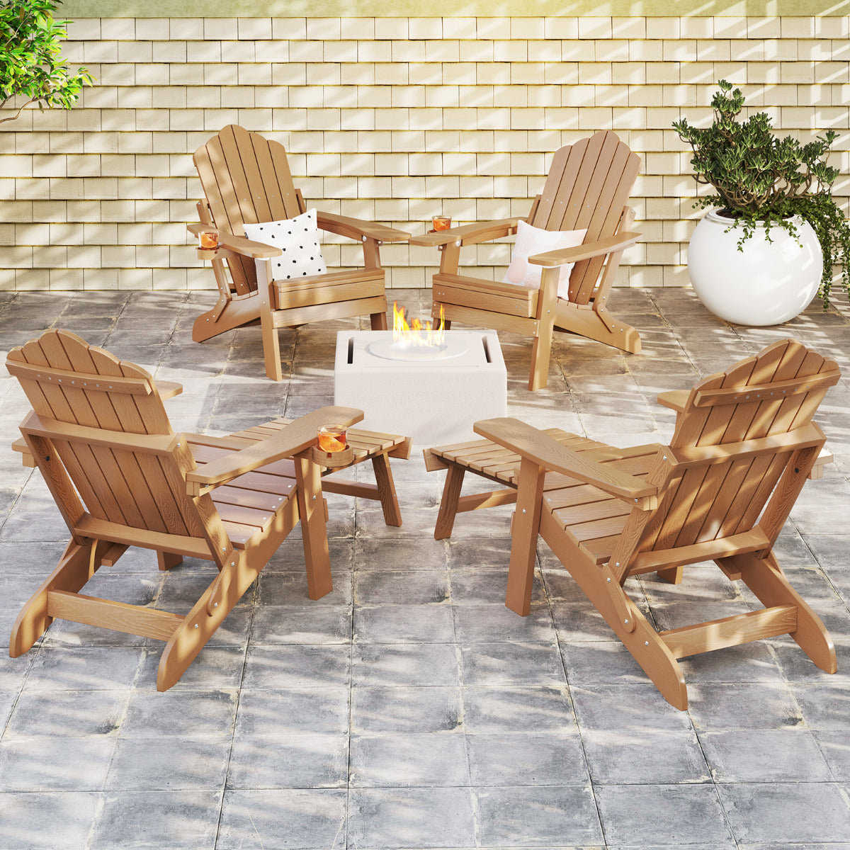 All-Weather HIPS Lounge Patio Adirondack Chair with Retractable Footrest-Brown