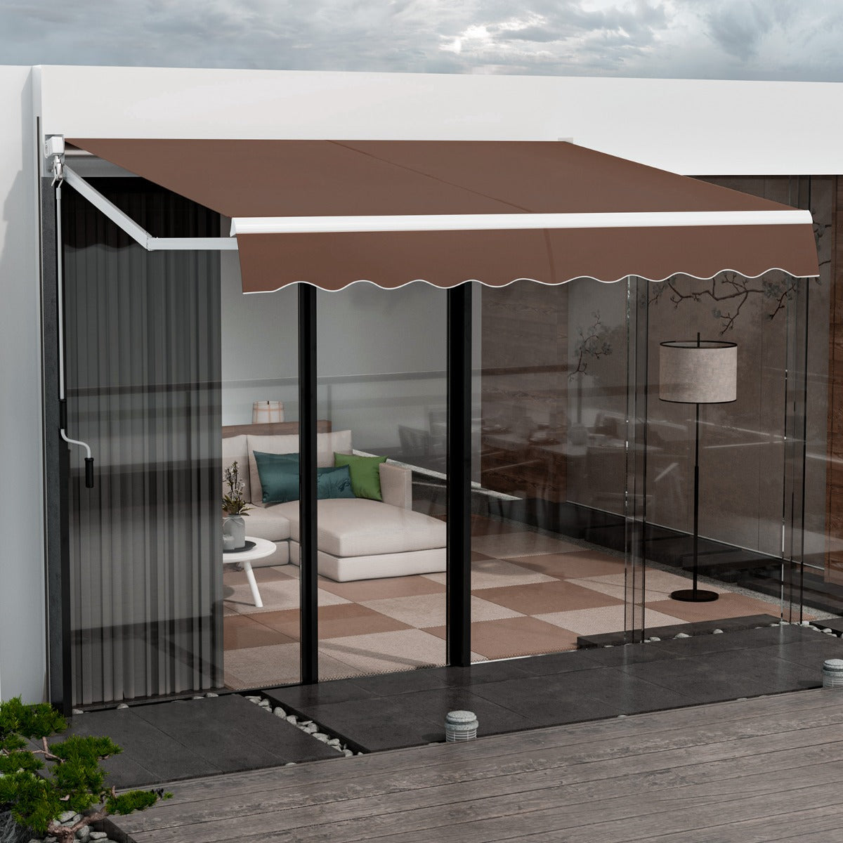 Aluminum Patio Sun Shade with Crank Handle and Water-Resistant Polyester-Brown