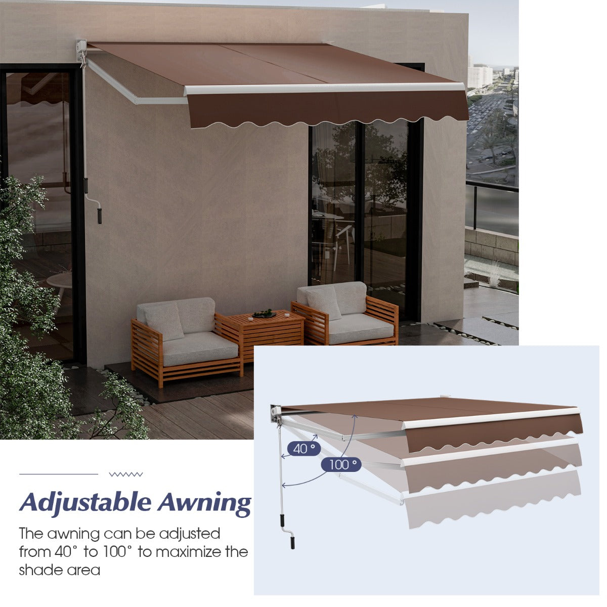 Aluminum Patio Sun Shade with Crank Handle and Water-Resistant Polyester-Brown