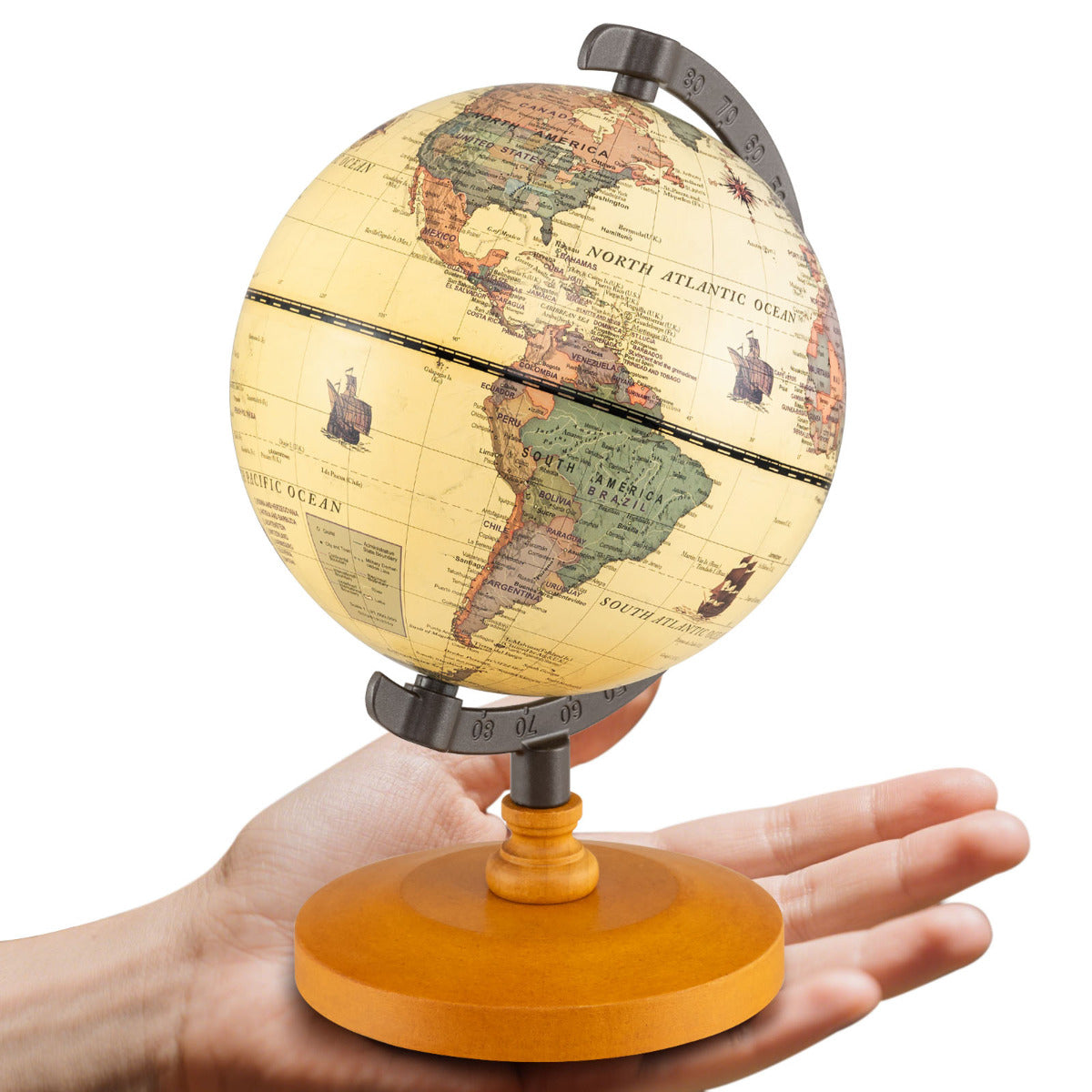 Antique Globe Dia 14cm with Wooden Base and Modern Map-Bronze