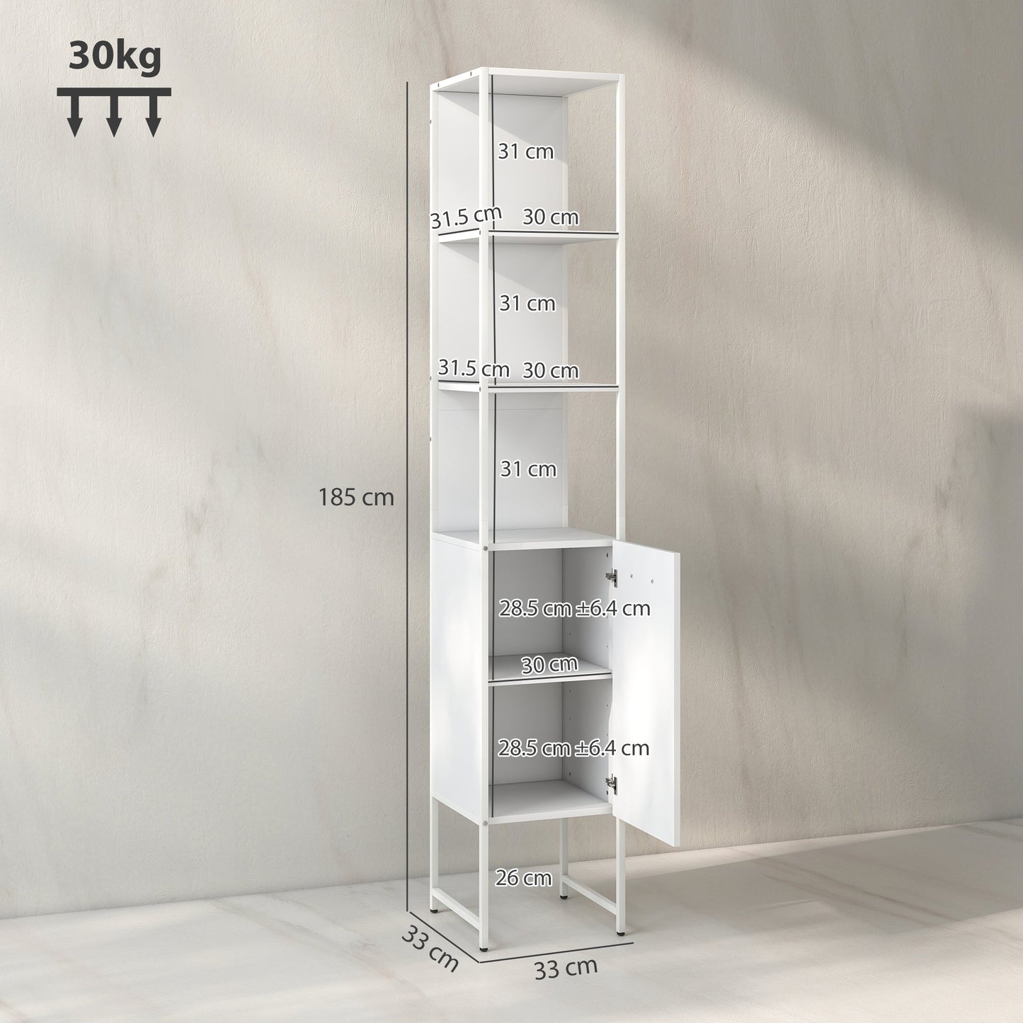 HOMCOM Tall Bathroom Cabinet with Open Shelves and Adjustable Shelf - White
