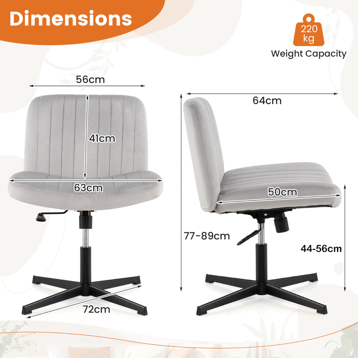 Armless Cross Legged Desk Chair with Wide Seat-Grey