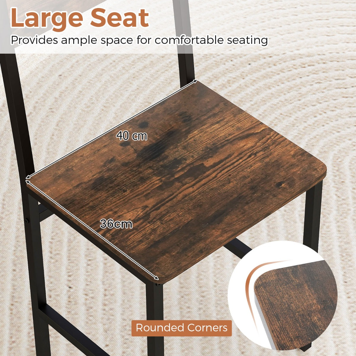 Armless Dinner Chairs Set of 2 with Metal Legs and Slanted Back-Rustic Brown