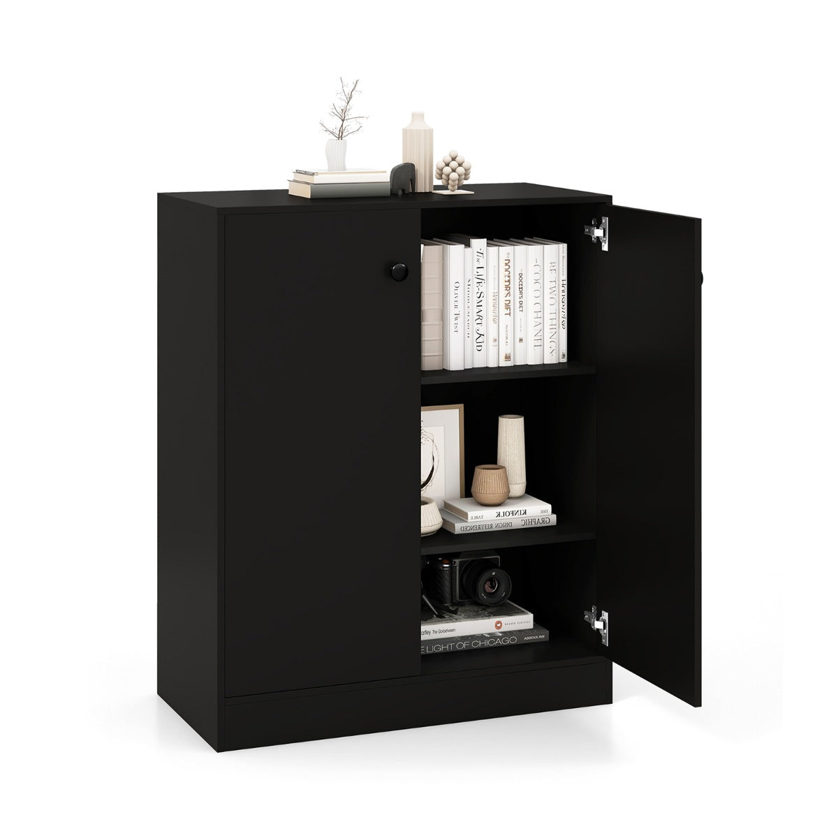 2-Door Freestanding Storage Cabinet with 3-Tier Shelf, Independent Side Cabinet with Anti-Tip Device, Black