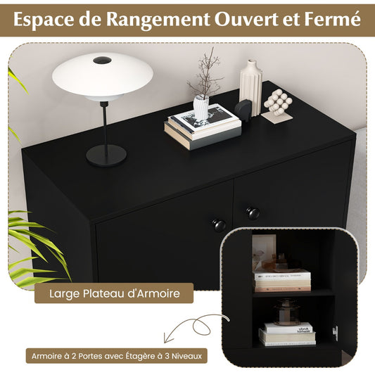 2-Door Freestanding Storage Cabinet with 3-Tier Shelf, Independent Side Cabinet with Anti-Tip Device, Black