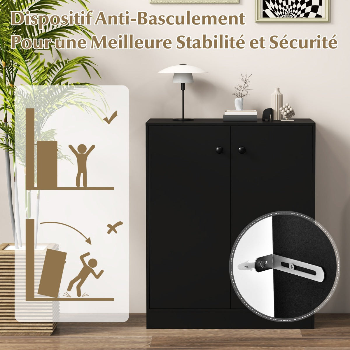2-Door Freestanding Storage Cabinet with 3-Tier Shelf, Independent Side Cabinet with Anti-Tip Device, Black