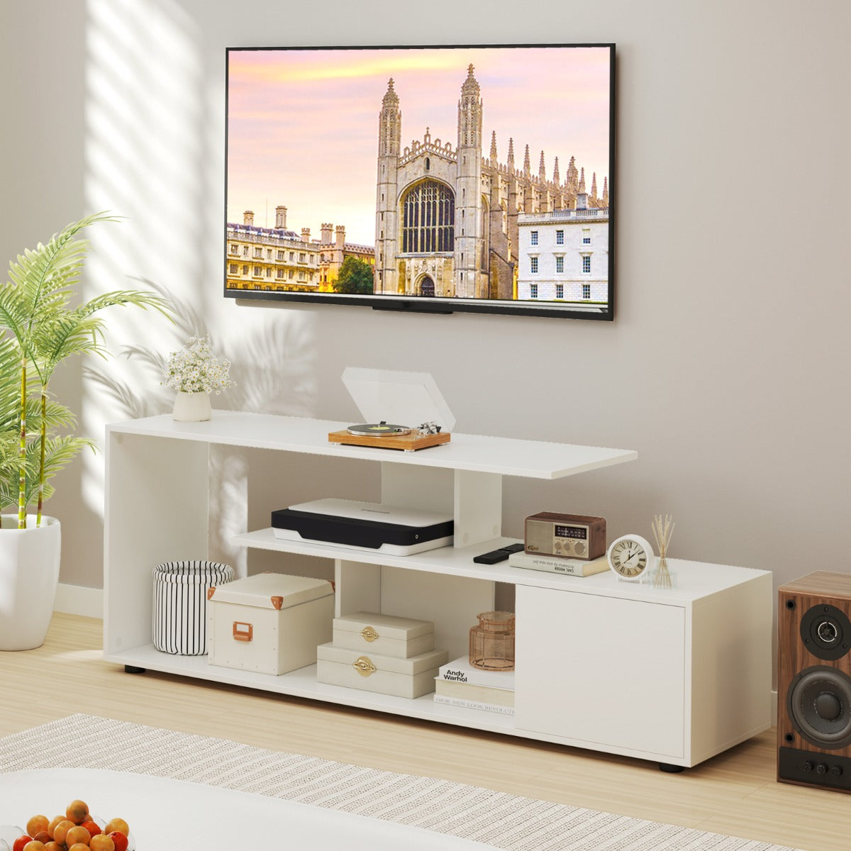 3-Tier Asymmetrical Media Console Table with Storage Shelves and Cabinet-White