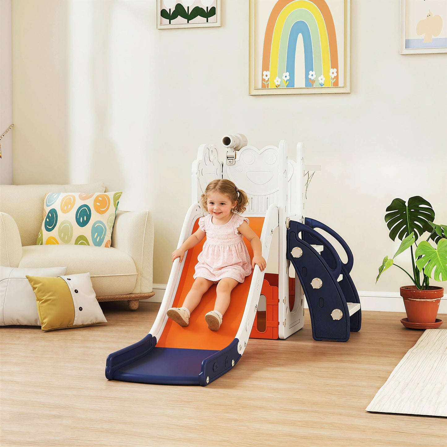 AIYAPLAY 5 in 1 Kids Slide Set with Basketball Hoop, Climbing Frame, Telescope, Storage Box for Toddlers Ages 1-3, Orange