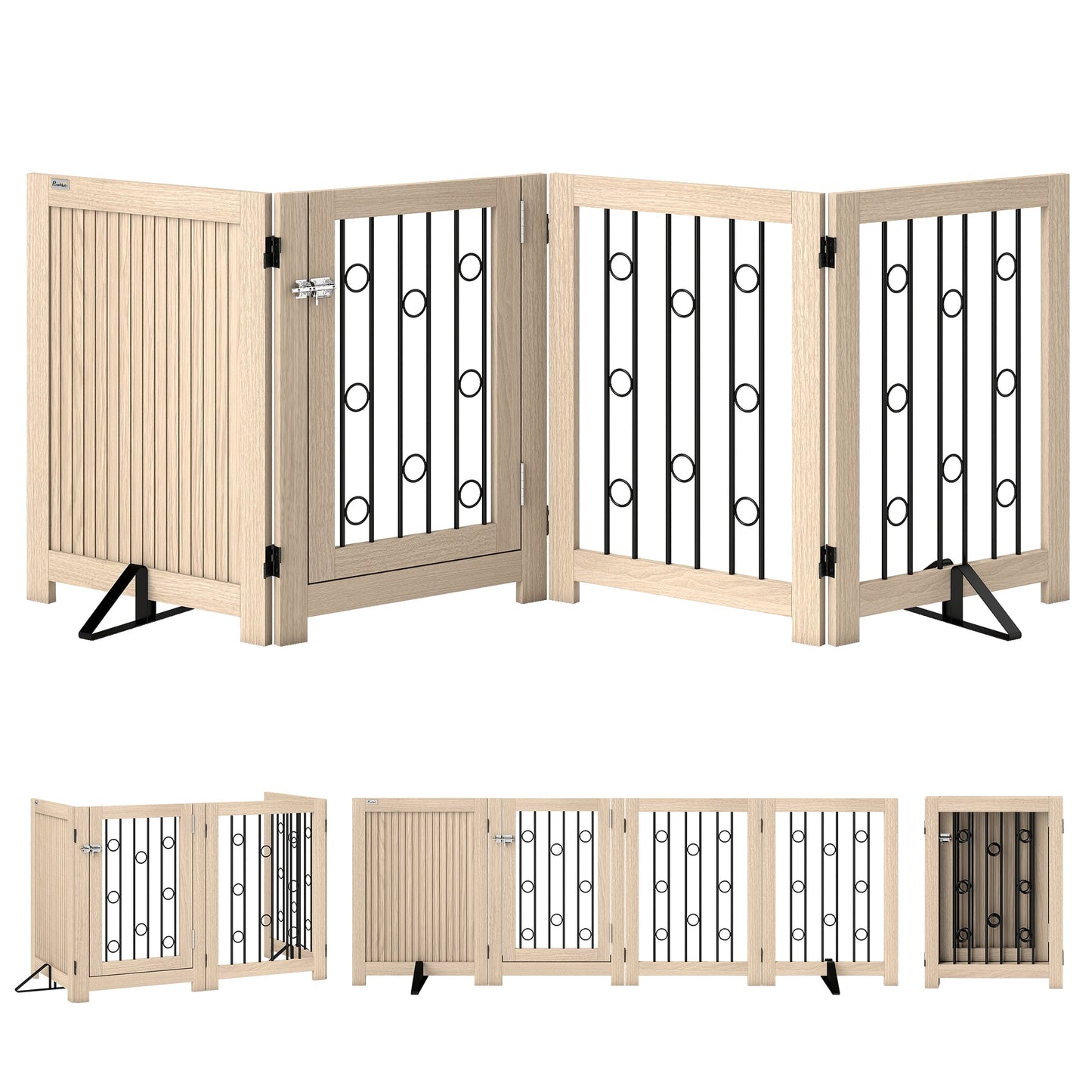 PawHut 4 Panel Freestanding Pet Gate, Indoor Dog Barrier with Lockable Door, Support Feet, 360Â° Flexible Hinges, Oak