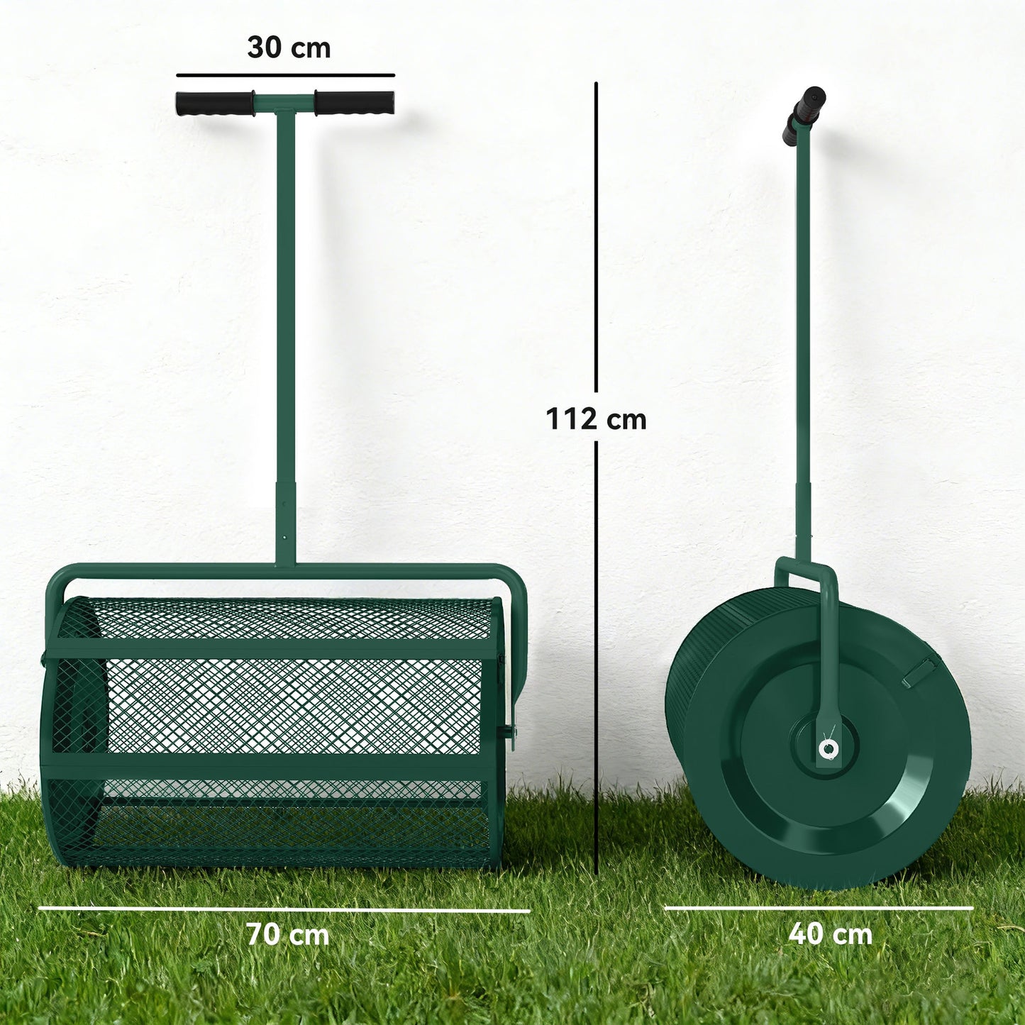 Outsunny Compost Spreader, 24" Peat Moss Spreader with Height Adjustable T Shaped Handle and Metal Mesh Basket, Garden Spreader for Seeding, Spreading Manure, Green