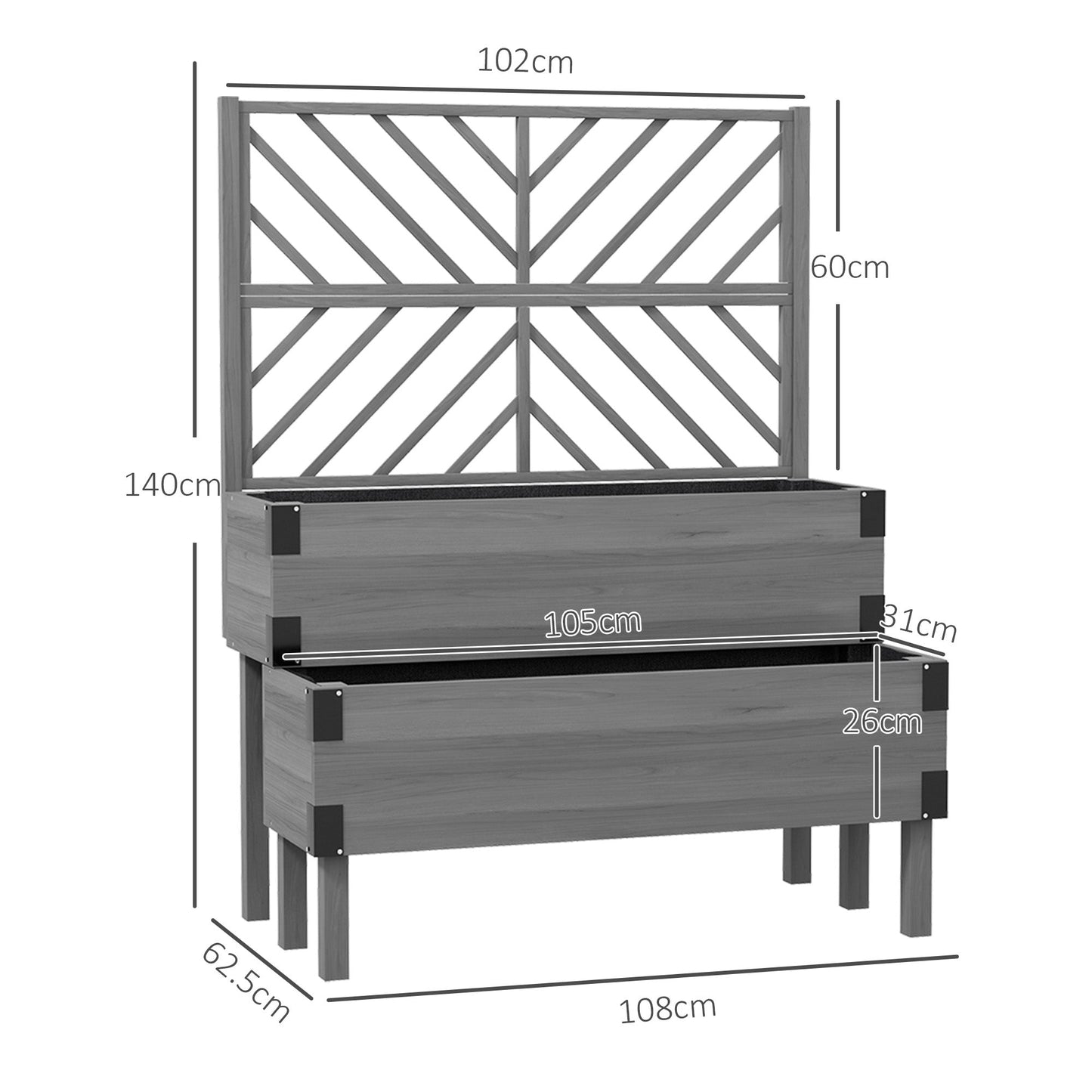 Outsunny Raised Garden Bed with Trellis, 2-Tier Wooden Elevated Planter Box for Vegetables, Flowers, Herbs, Grey