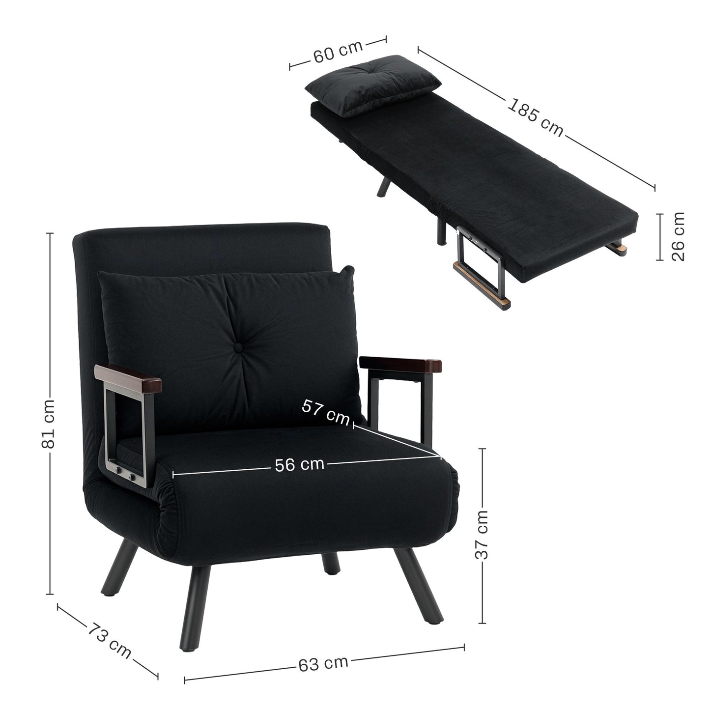 HOMCOM 4-in-1 Velvet-Feel Single Chair Bed, with Pillow - Black