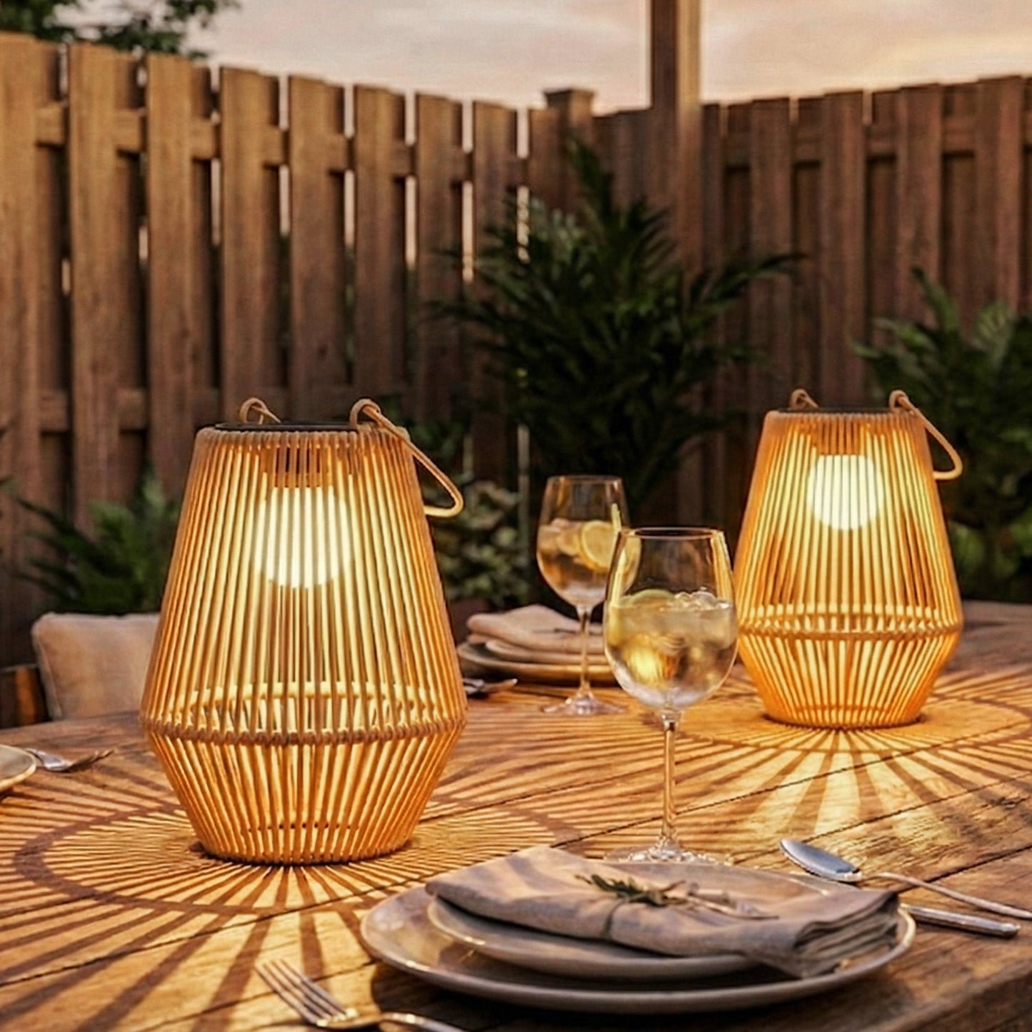 Outsunny Hanging Solar Lanterns, 2 Pack Rattan Solar Lights with Handle for Patio, Pathway, Terrace, Auto On/Off, Brown