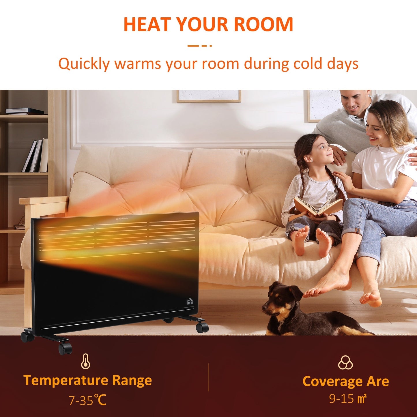 HOMCOM POWER Convector Radiator Freestanding or Wall-mounted Heating with 2 Heat Settings Safety Cut-Off, Black