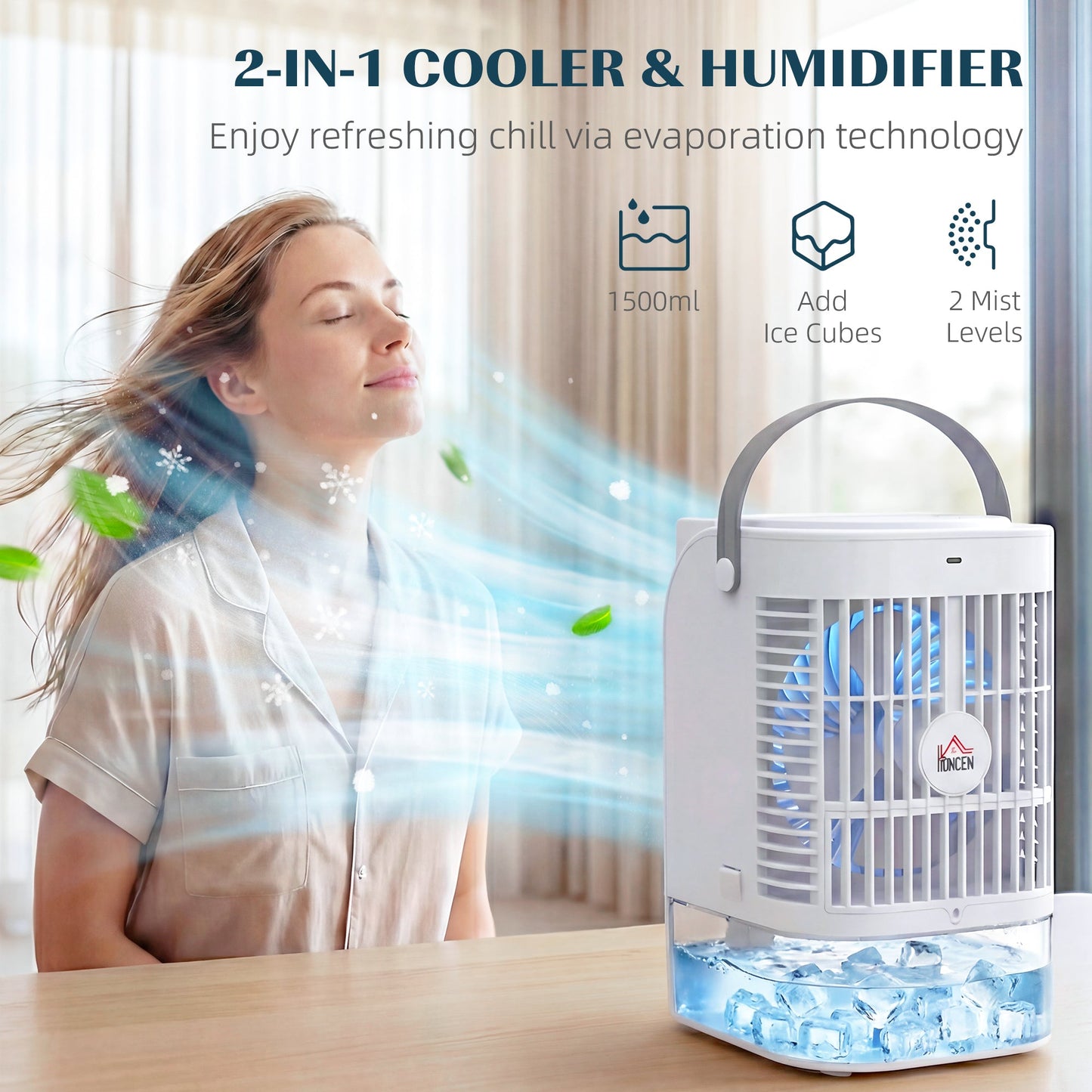 HOMCOM Portable Air Conditioner, 4-in-1 Mini Air Cooler with 4 Wind Speed, 2 Cool Mist, RGB 7 LED Light, White