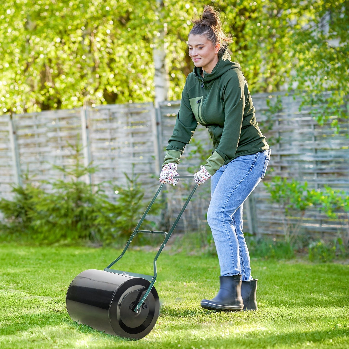 Outsunny 50cm Steel Garden Lawn Roller Push Pull w/ Fillable Cylinder Water Sand Plug Lawn Flatten Seed Sow Rolling Drum w/ Handle