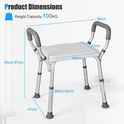 Bath Chair Shower Bench with Detachable Padded Arms-Grey