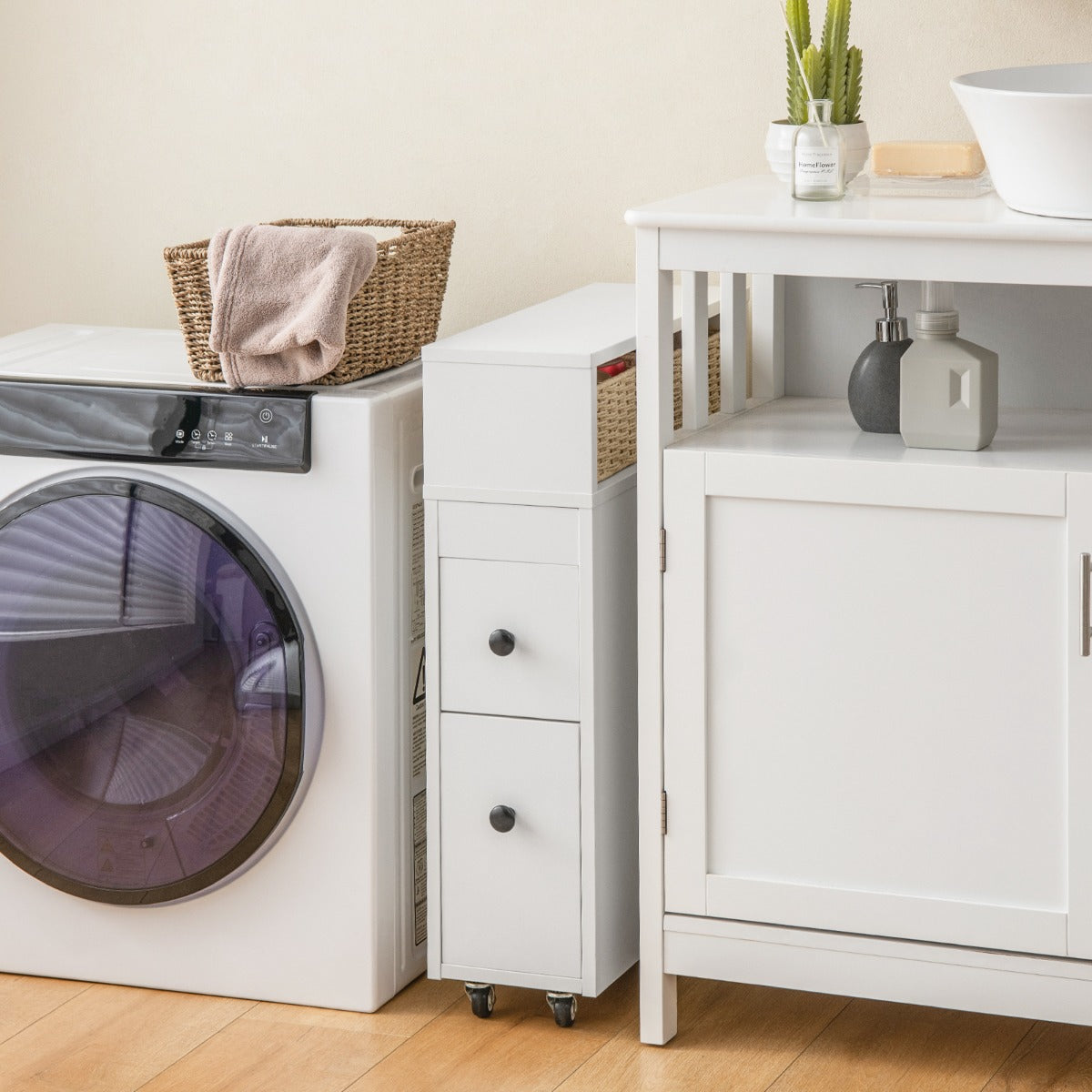 Slim Bathroom Storage Cabinet Movable with 2 Drawers and Baskets-White