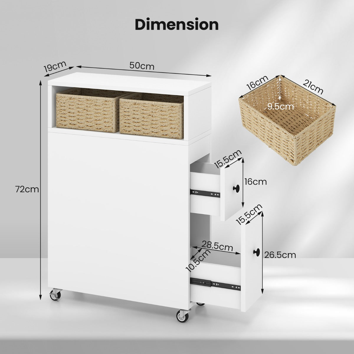 Slim Bathroom Storage Cabinet Movable with 2 Drawers and Baskets-White