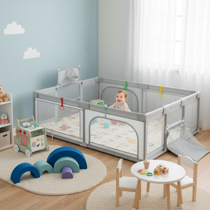 Baby Activity Play Set with Playpen Wooden Walker and Foam Climber