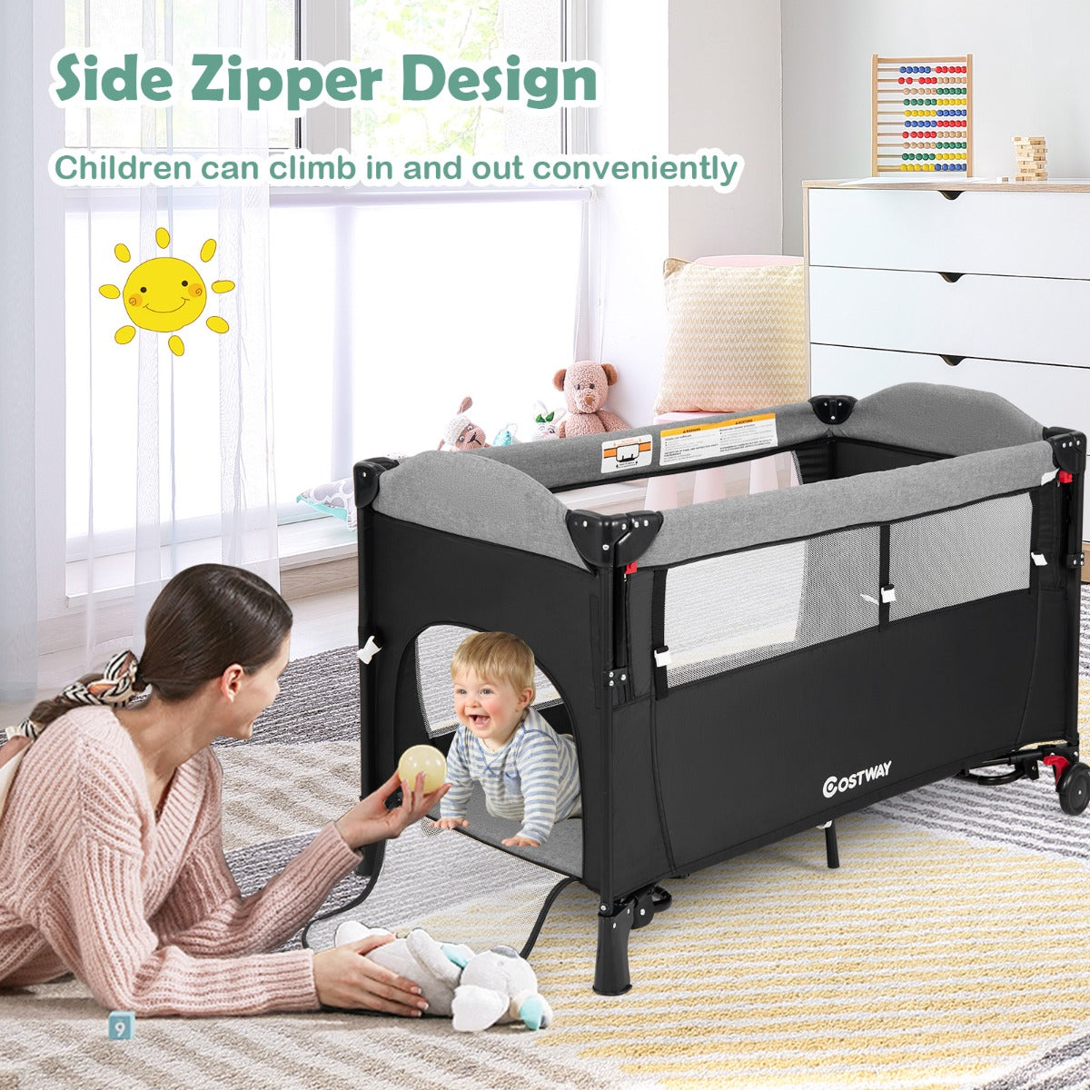 5-in-1 Baby Bassinet Bedside Sleeper with Diaper Changer and Hanging Toys-Black