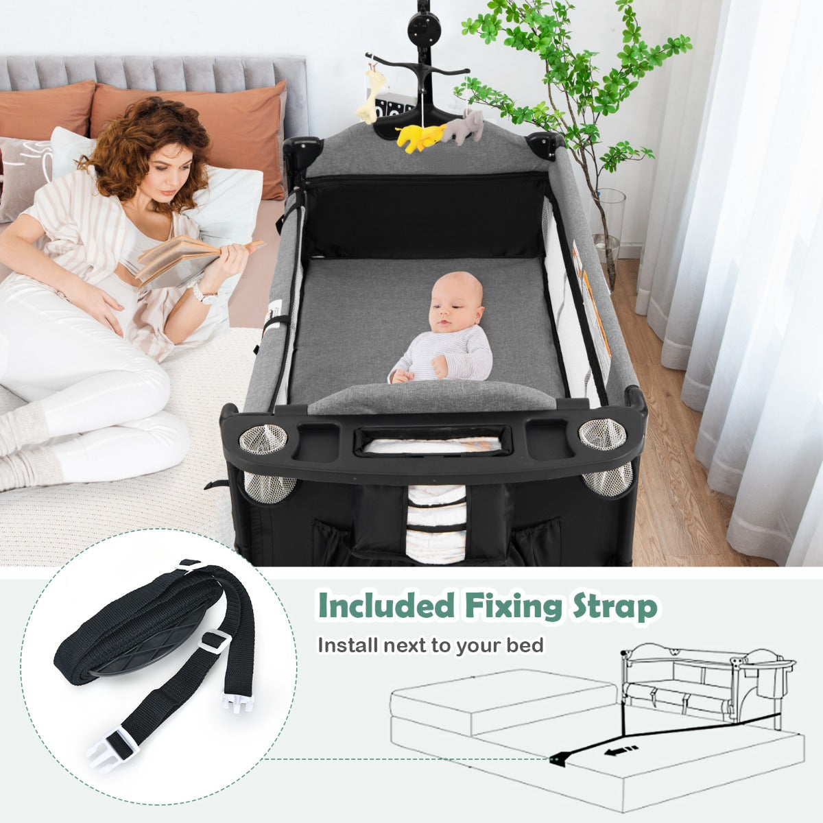 5-in-1 Baby Bassinet Bedside Sleeper with Diaper Changer and Hanging Toys-Black