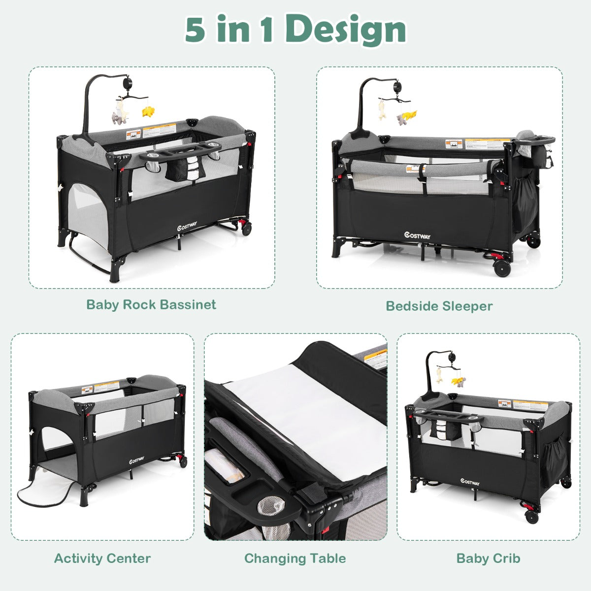 5-in-1 Baby Bassinet Bedside Sleeper with Diaper Changer and Hanging Toys-Black