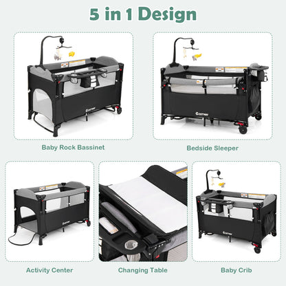 5-in-1 Baby Bassinet Bedside Sleeper with Diaper Changer and Hanging Toys-Black