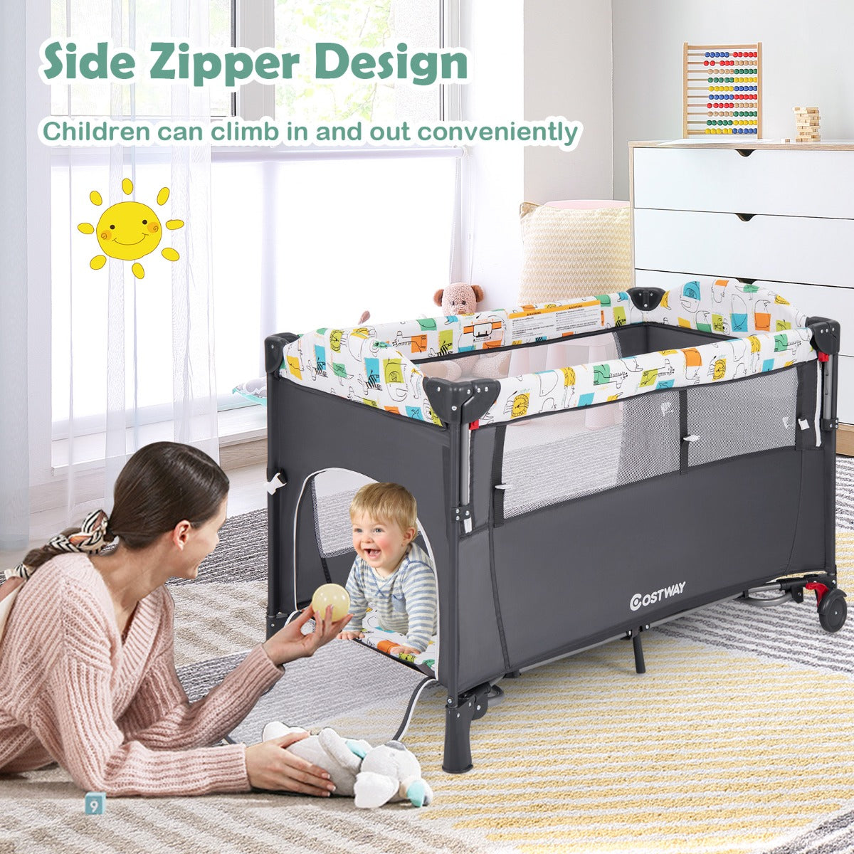5-in-1 Baby Bassinet Bedside Sleeper with Diaper Changer and Hanging Toys-Grey